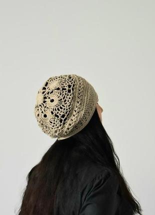 Шапка річна жіноча шапка кольору льону бавовняна ажурна шапочка на літо бере вязаний берет річний2 фото