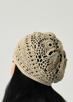 Шапка річна жіноча шапка кольору льону бавовняна ажурна шапочка на літо бере вязаний берет річний5 фото