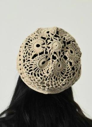 Шапка річна жіноча шапка кольору льону бавовняна ажурна шапочка на літо бере вязаний берет річний1 фото