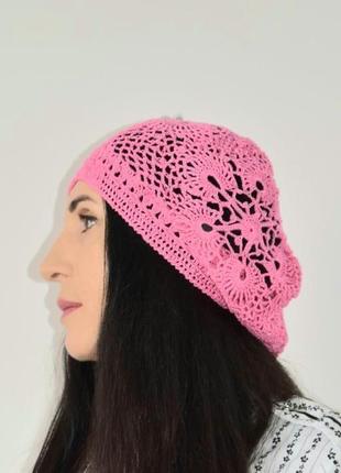 Берет ажурный розовый летняя яркая, хлопковая женская шапка береты и летние лёгкие шапочки7 фото