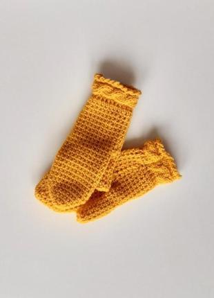 Желтые яркие вязаные варежки, рукавицы  весенние4 фото
