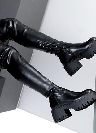 Жіночі шкіряні ботфорти у чорному кольорі єврозима6 фото