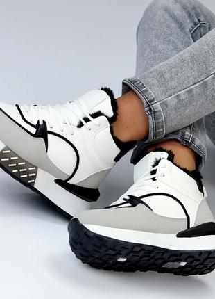 Стильні кросівки хайтопи у біло-сірому кольорі шкіряні2 фото