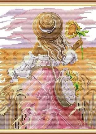 Набор для вышивания крестиком " летняя прогулка. девушка в поле" (печать на канве) размер картины 27 x 34 см