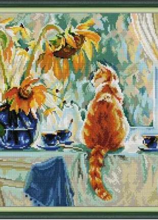 Набір для вишивання за нанесеною на канву схемою "cat and sunflower". aida 14ct printed, 43*38 см