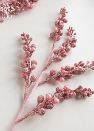 Ветка новогодняя “жемчужинки и шарики” 60 см – розовое золото - leaves-1991 фото