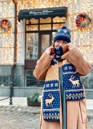 Вязаный комплект шарф и шапка с оленями «рождественская ночь «9 фото