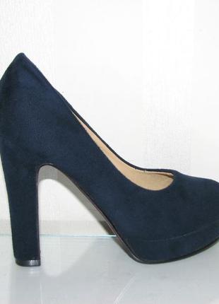 Жіночі сині замшеві туфлі високий каблук танкетка розмір 35
