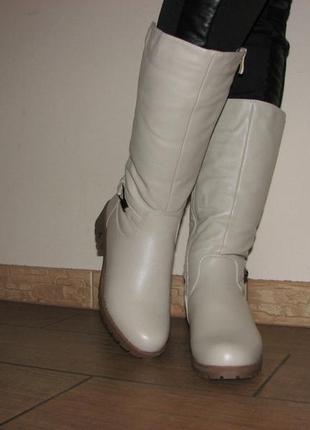 Бежеві жіночі зимові чоботи на стійкому каблуці 379 фото