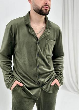 Чоловіча велюрова піжама великих розмірів сорочка та штани дом...6 фото