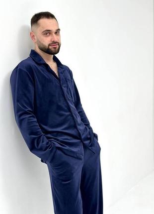 Чоловіча велюрова піжама великих розмірів сорочка та штани дом...4 фото