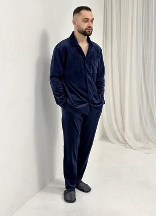 Чоловіча велюрова піжама великих розмірів сорочка та штани дом...7 фото