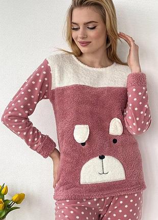 Тепла жіноча махрова піжама з малюнками флісова пудра