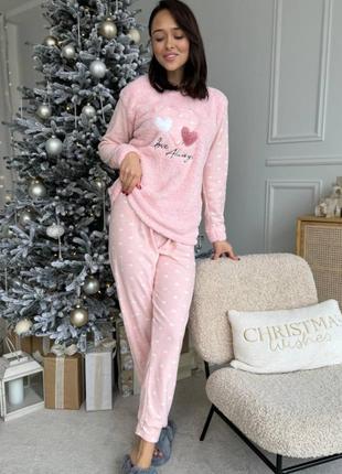 Жіноча тепла піжама флісова махрова рожева сердечка, костюм дл...