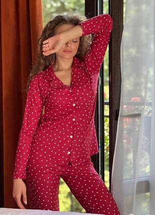 Тепла жіноча піжама червона, костюм для дому та сну штани з со...3 фото