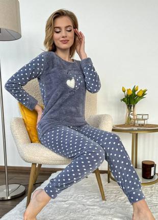 Жіноча тепла піжама махрова з малюнками сіра флісова туреччина