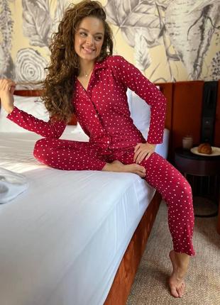 Тепла жіноча піжама червона, костюм для дому та сну штани з со...5 фото