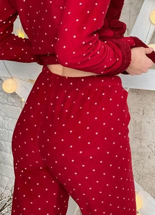 Жіноча тепла піжама флісова з малюнками махрова червона8 фото