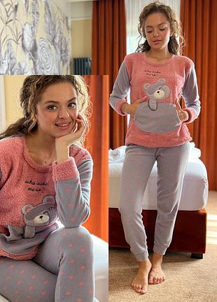 Піжама жіноча махрова з сердечками зимова флісова тепла піжама...