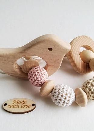 Гризунок прорізувач браслет з букових намистин зайка, пташка, їжачок, тедді, бегемот, ведмежа 2