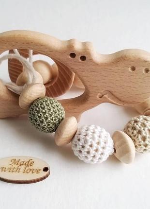 Гризунок прорізувач браслет з букових намистин зайка, пташка, їжачок, тедді, бегемот, ведмежа 4