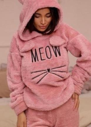 Тепла махрова жіноча піжама мяу meow коралова, костюм для дому...