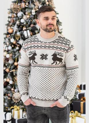 Новорічний светр з оленями чоловічий зимовий туреччина бежевий