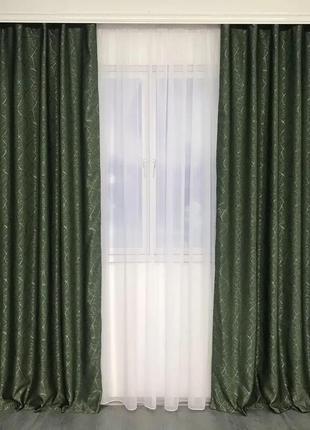 Комплект качественных штор из льна блэкаут на тесьме защита на 80% цвет зеленый2 фото