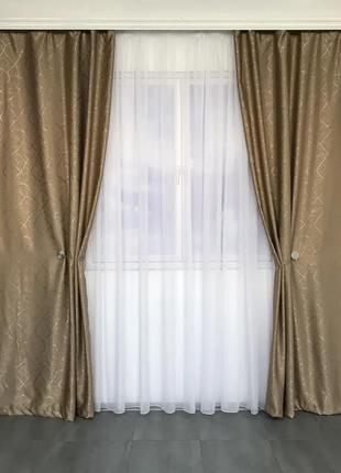 Комплект качественных штор из льна блэкаут на тесьме защита на 80% цвет золотистый2 фото