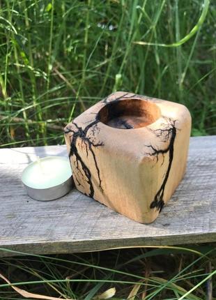 Подсвечник деревянный для чайной свечи с молниями лихтенберга2 фото
