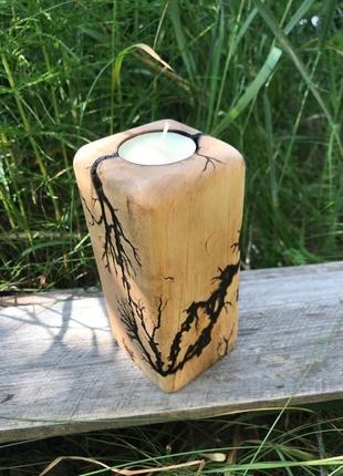 Подсвечник деревянный для чайной свечи с молниями лихтенберга3 фото