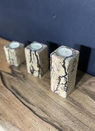 Комплект дерев'яних свічників для чайної свічки з блискавками ліхтенберга5 фото