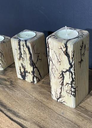 Комплект дерев'яних свічників для чайної свічки з блискавками ліхтенберга3 фото