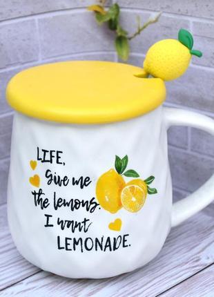 Чашка з кришкою і ложкою лимон 400мл (білий/жовтий)3 фото