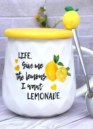 Чашка з кришкою і ложкою лимон 400мл (білий/жовтий)4 фото