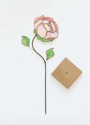 Вітражна квітка піон на підставці, декор для дому, сувенір зі скла, подарунок для мами6 фото