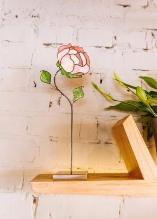 Вітражна квітка піон на підставці, декор для дому, сувенір зі скла, подарунок для мами4 фото
