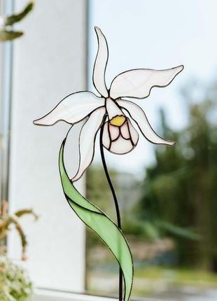 Вітражна квітка , біла орхідея , сувенір зі скла, подарунок2 фото