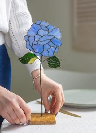 Скляна квітка гортензія на дерев'яній підставці, декор для дому, подарунок для жінки9 фото