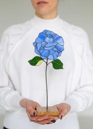 Скляна квітка гортензія на дерев'яній підставці, декор для дому, подарунок для жінки2 фото