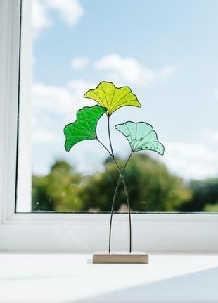 Интерьерная скульптура гинкго билоба, растение из витражного стекла, декор на стол, домашний уют1 фото
