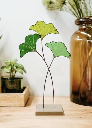 Интерьерная скульптура гинкго билоба, растение из витражного стекла, декор на стол, домашний уют4 фото