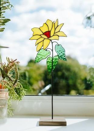 Вітражна квітка соняшник, декор для дому, сувенір зі скла
