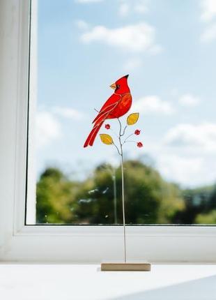 Интерьерная скульптура кардинал на подставке, птица из витражного стекла, домашний декор1 фото