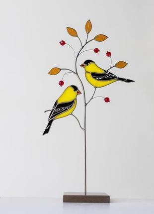 Склянні птахи пара щиглів, домашній декор у вітражній техніці tiffany3 фото