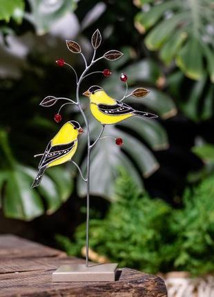 Склянні птахи пара щиглів, домашній декор у вітражній техніці tiffany2 фото