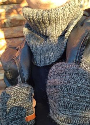 Комплект серый мужской бафф снуд и зимние перчатки-митенки на заказ3 фото