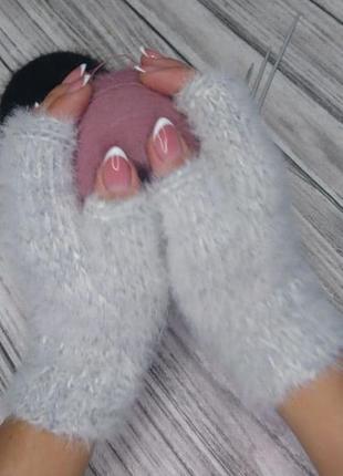 Женские вязаные митенки - перчатки без пальцев (серые) - зимние рукавички в подарок
