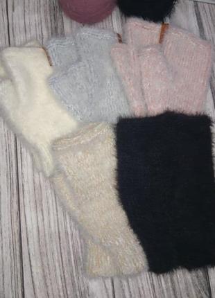 Женские вязаные митенки - перчатки без пальцев (молочно-бежевые)- зимние рукавички в подарок