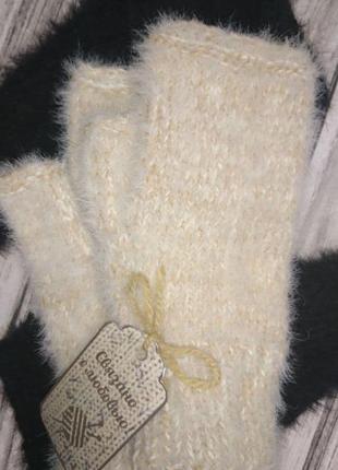 Женские вязаные митенки - перчатки без пальцев (молочно-бежевые)- зимние рукавички в подарок